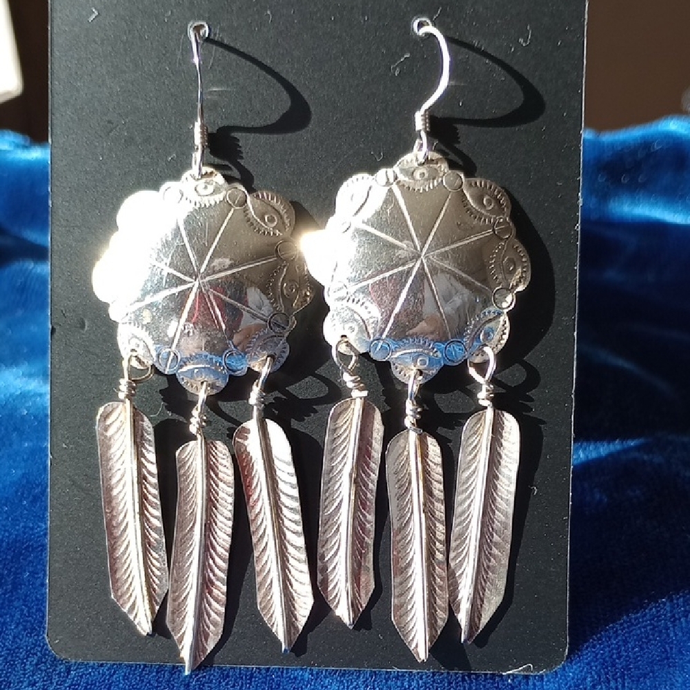 Sterling Silver Concho & Feather Dangle Earrings Signed